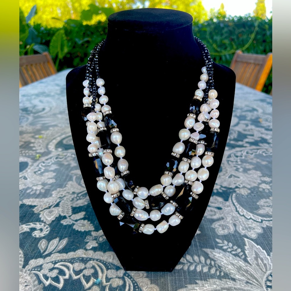 Black Rhinestone and Faux White Pearl Diamond-like Necklace 18 1/4” long